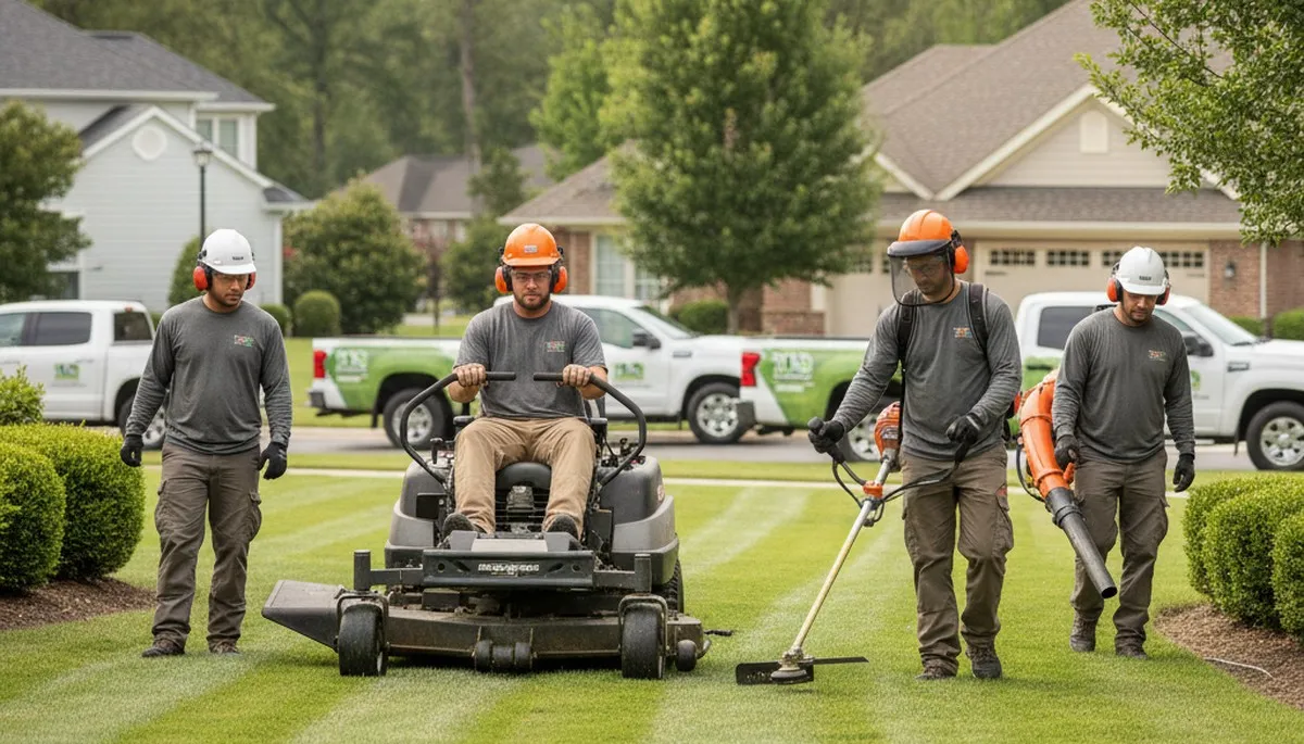 Arbor Tree Care lawn service team mowing and edging yards in Thornton, CO
