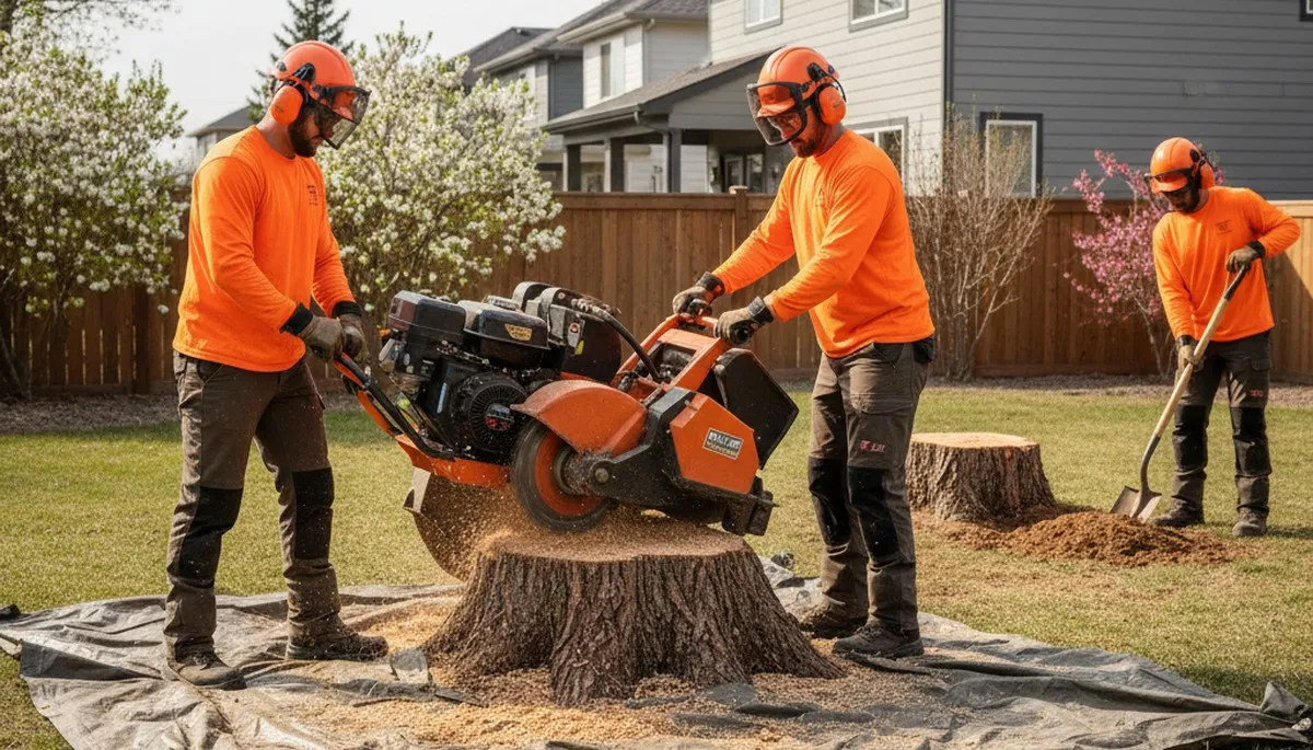 Stump removal crew clearing a yard in Thornton, CO for safe, clean space