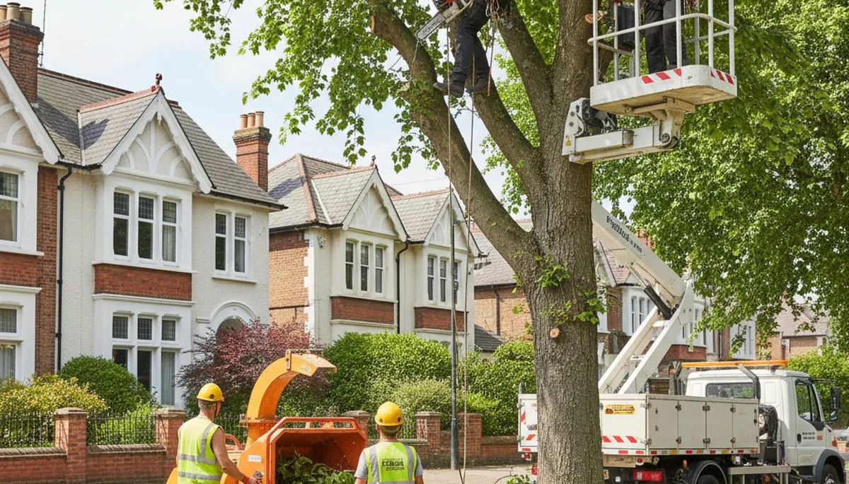 Tree service team in Thornton, CO trimming trees for residential property maintenance