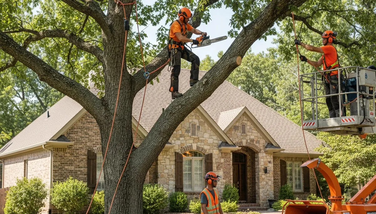 Tree service crew trimming trees in Thornton, CO for safe, professional property care