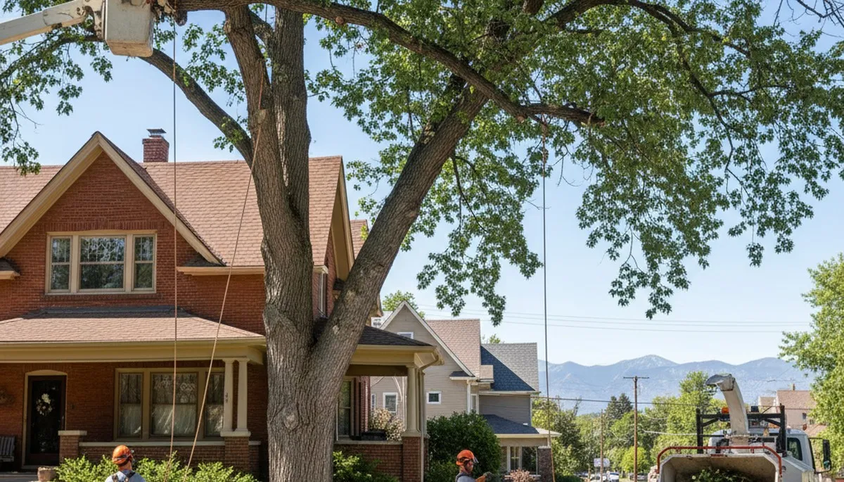 Tree service crew trimming trees in Thornton, CO for residential property maintenance