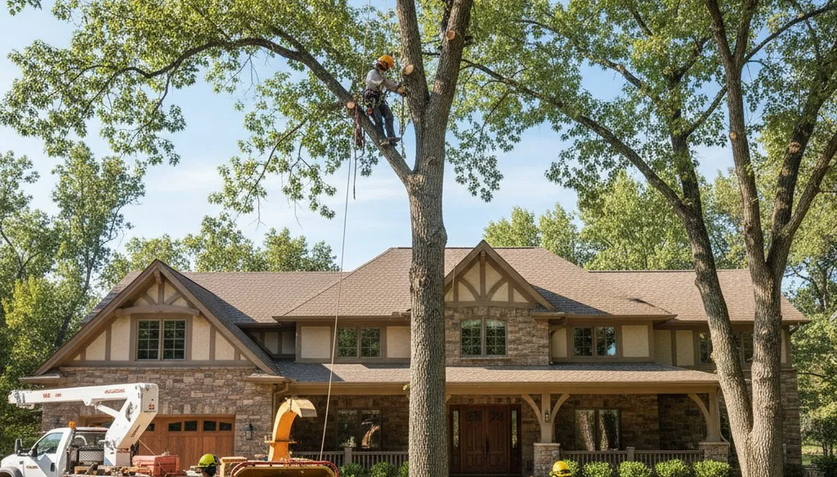Tree service crew in Thornton, CO trimming and pruning a residential tree