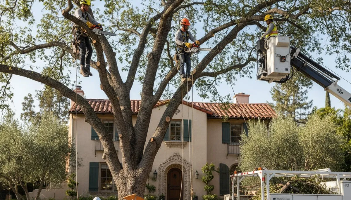 Tree service crew trimming trees in Thornton, CO for safe, professional tree care