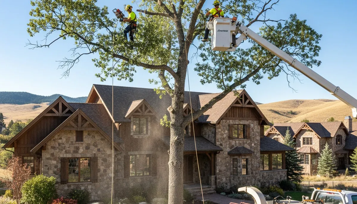 Tree service crew in Thornton, CO trimming a tree for a residential property