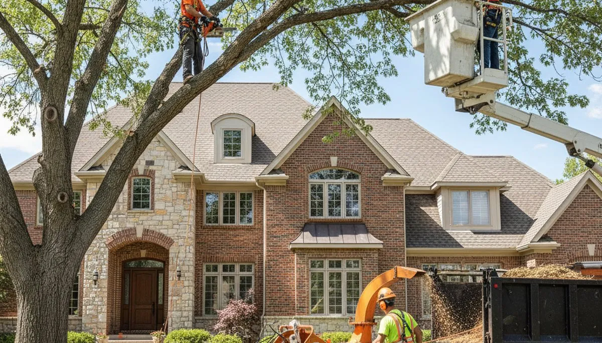 Tree service crew trimming trees in Thornton, CO for residential property care